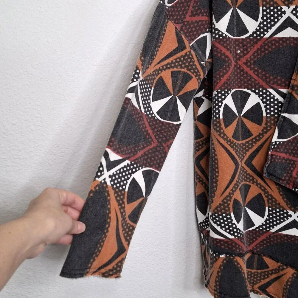 Free People Cardigan Peace Sign Graphic Sz L Oversized Artsy Boho Hippie 70s